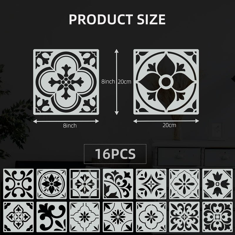 neglex 16-Pack Spanish Tile Stencil Set (8X8 Inch) Authentic Patterns for Floor and Wall, Reusable Tile Stencils for Painting on Floors, Furniture, and Canvas, DIY Spanish Talavera Home Décor - Image 2